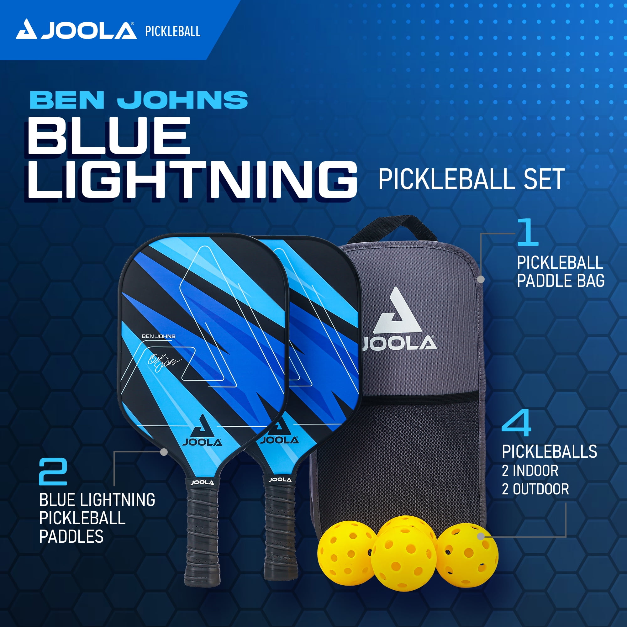 JOOLA Ben Johns Blue Lightning Pickleball Set, 2 Paddles, Paddle Bag, 4 Balls, Blue - Image 2