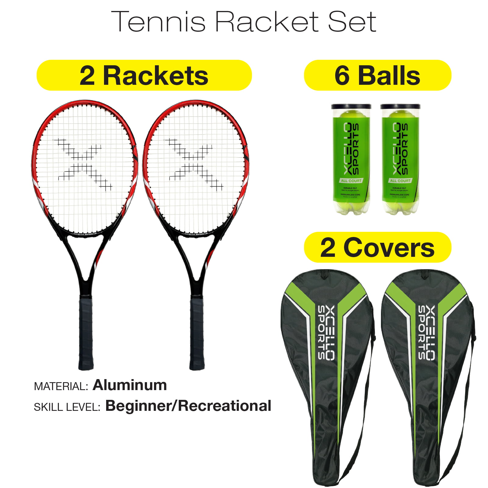 Xcello Sports 2-Player Aluminum Tennis Racket Set for Adult - Includes Two 27" Tennis Rackets, Six All Court Balls, and Two Carry Cases - Red/Black - Image 2
