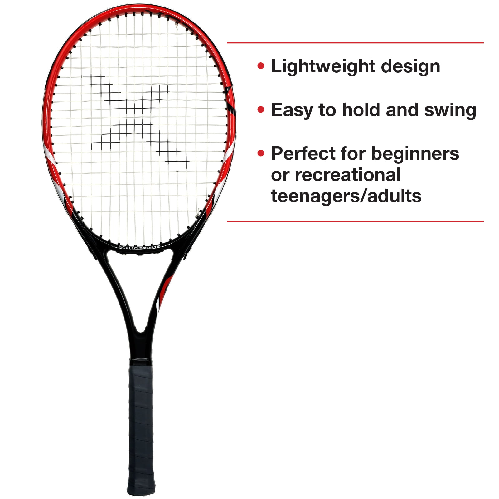 Xcello Sports 2-Player Aluminum Tennis Racket Set for Adult - Includes Two 27" Tennis Rackets, Six All Court Balls, and Two Carry Cases - Red/Black - Image 3