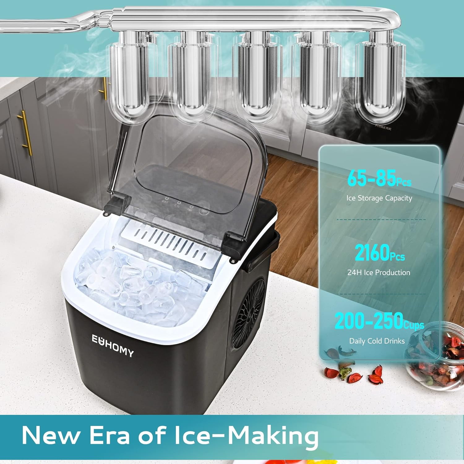 EUHOMY Countertop Ice Maker Machine with Handle, 26lbs in 24Hrs, 9 Ice Cubes Ready in 6 Mins, Auto-Cleaning Portable Ice Maker with Basket and Scoop, for Home/Kitchen/Camping/RV. - Image 3