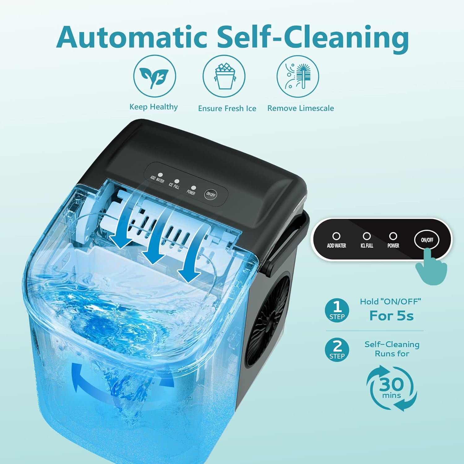 EUHOMY Countertop Ice Maker Machine with Handle, 26lbs in 24Hrs, 9 Ice Cubes Ready in 6 Mins, Auto-Cleaning Portable Ice Maker with Basket and Scoop, for Home/Kitchen/Camping/RV. - Image 5