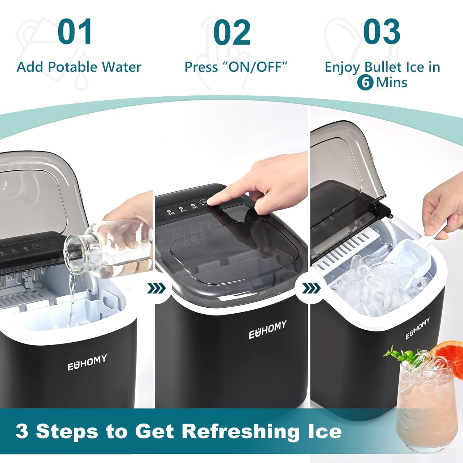 EUHOMY Countertop Ice Maker Machine with Handle, 26lbs in 24Hrs, 9 Ice Cubes Ready in 6 Mins, Auto-Cleaning Portable Ice Maker with Basket and Scoop, for Home/Kitchen/Camping/RV. - Image 7