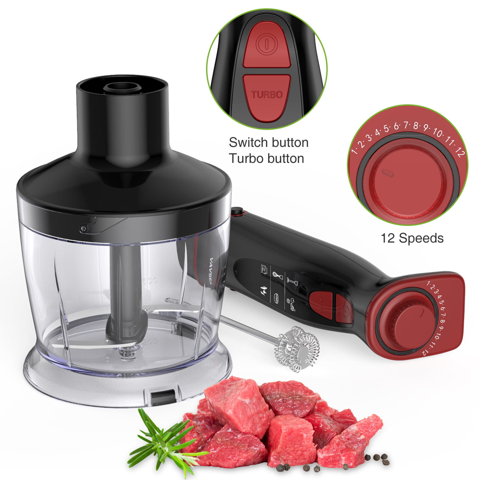 VAVSEA Immersion Hand Blender, 12-Speed Multi-Function Handheld Stick Blender with Stainless Steel Blades, Chopper, Beaker, 600ml, Whisk and Milk Frother for Baby Food/Smoothies/Puree, BPA Free - Image 4