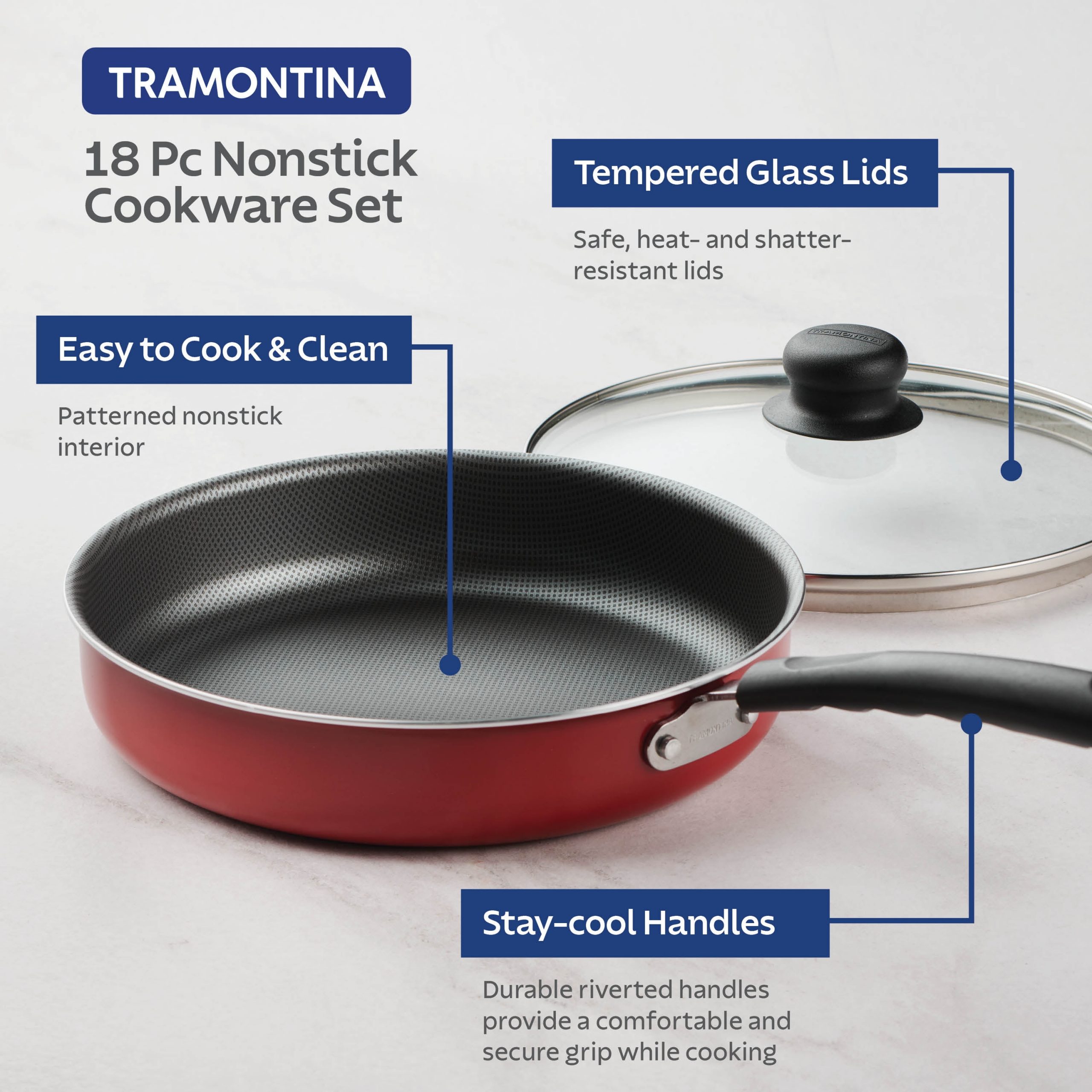 Tramontina Primaware 18 Piece Non-stick Cookware Set, Red - Image 6